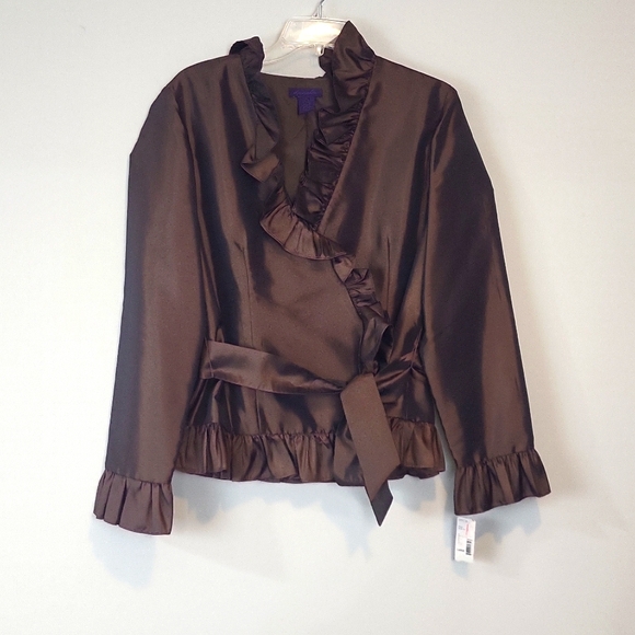 VINTAGE METAPHOR Brown Poly/Nylon Acetate Wrap V-neck Ruffle Blouse - Picture 1 of 16